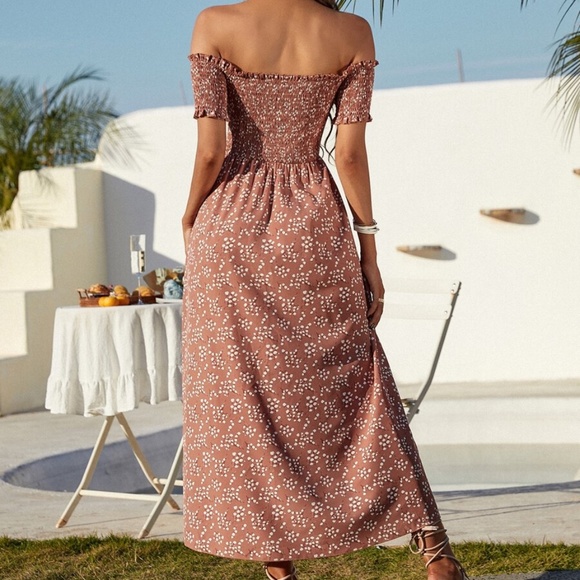 Boho Dusty Pink Floral Print Off Shoulder Midi Dress - Picture 5 of 5